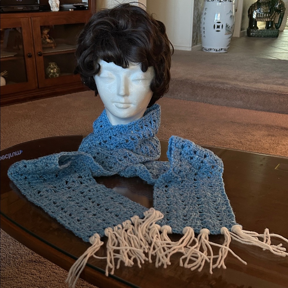 Blue Crochet Scarf with Fringe
